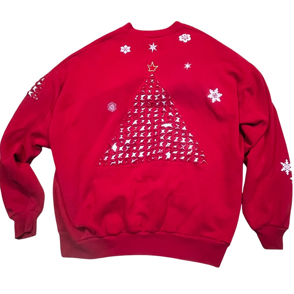 Vintage Jerzees Red Christmas‎ Tree Snowflake Sweatshirt Cardigan Womens 3X USA